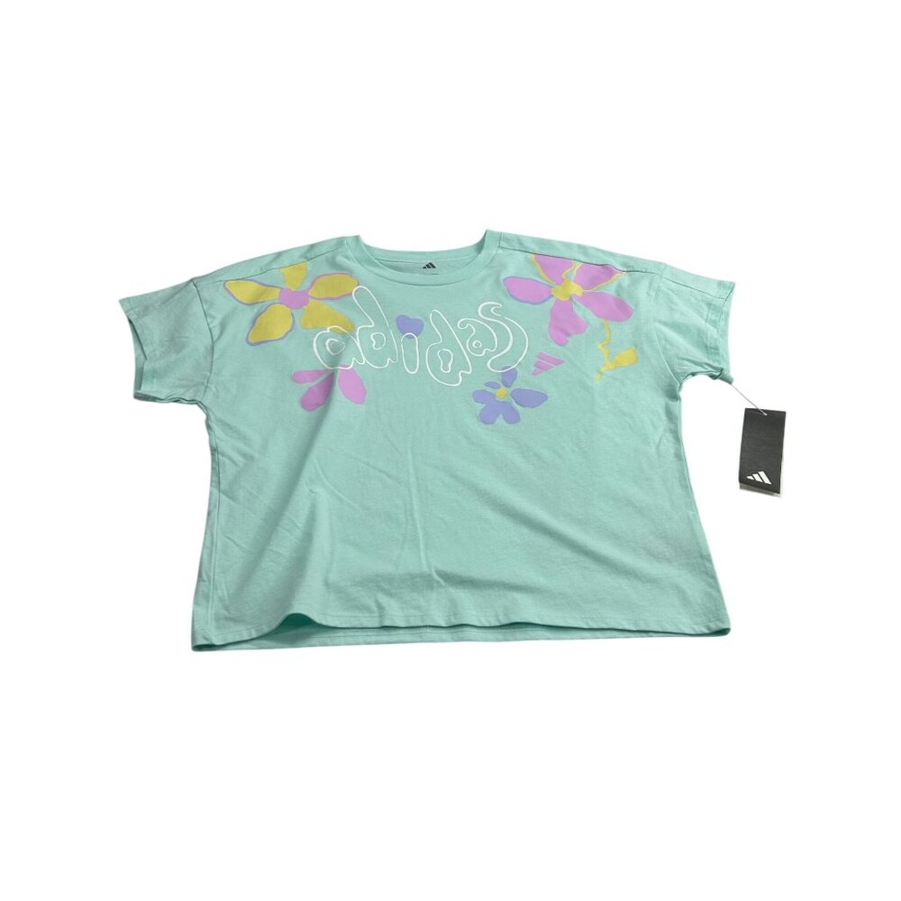 Adidas Girls Loose Fit Aqua T-Shirt With Floral Design 100% Cotton Size L (14)